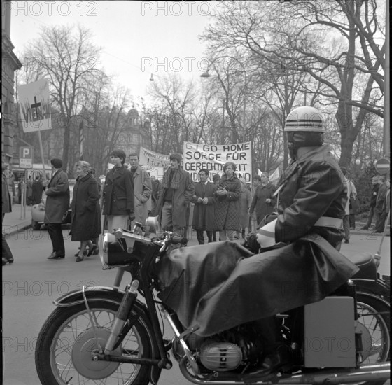 Protest against war in Vietnam; Poiceman, motorcycle; 1967.
