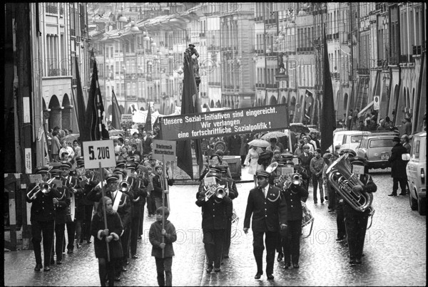 Brass band at May Day demonstration in Berne 1970.
