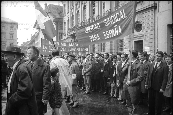 Spanish people at May Day rallies at Bundesplatz in Berne 1967.