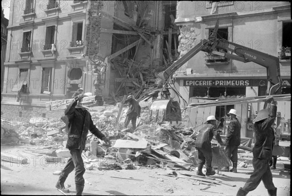 Fire brgade in action at apartment house after explosion, Geneva 1965.