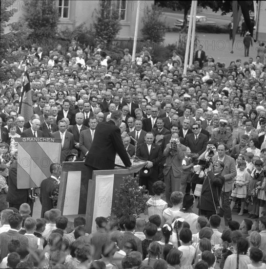 Granichen, Hans Schaffner, newly elected Federal Councillor giving an address; 1961.