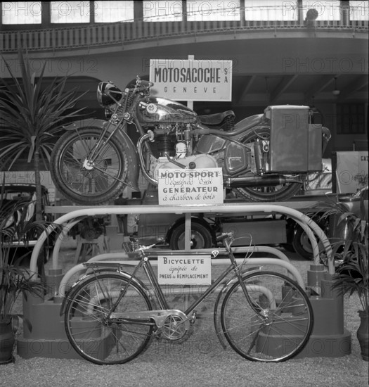 Motorcycle powered by wood gas, petrol, gasoline penury; 1942.