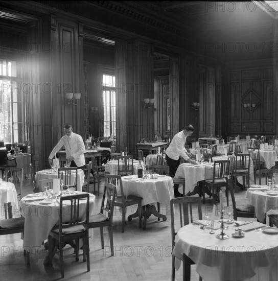 Waiters setting the tables, Grand Hotel of Leysin, 1955.