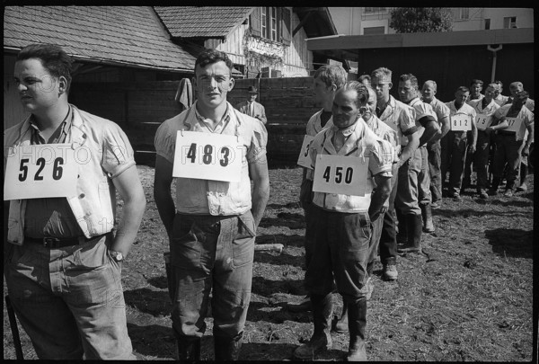Farmers with lot numbers at breeding bull market in Berne 1968.