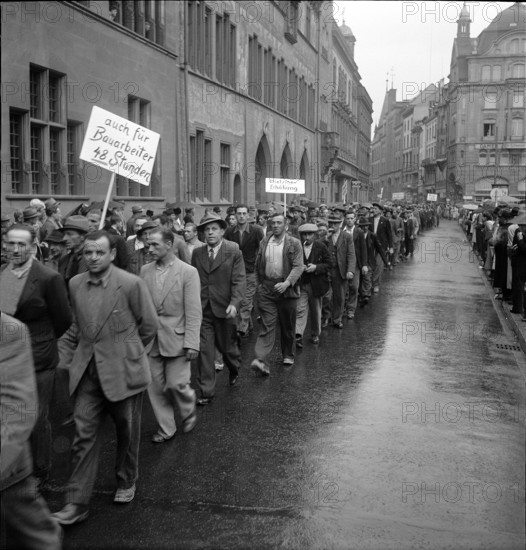 Construction worker coming out on strike for better working conditions; 1947.