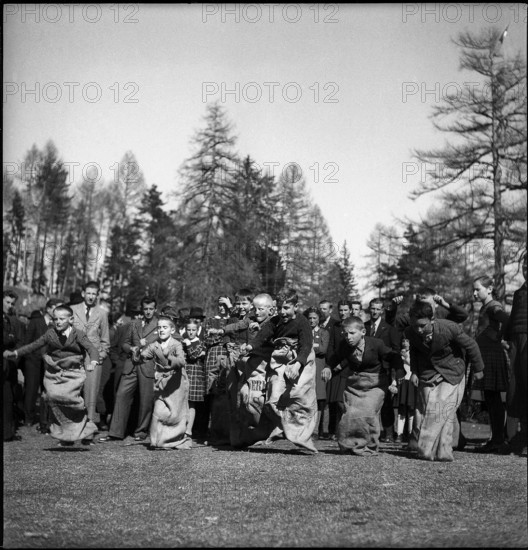 Boys sack racing, 1945.