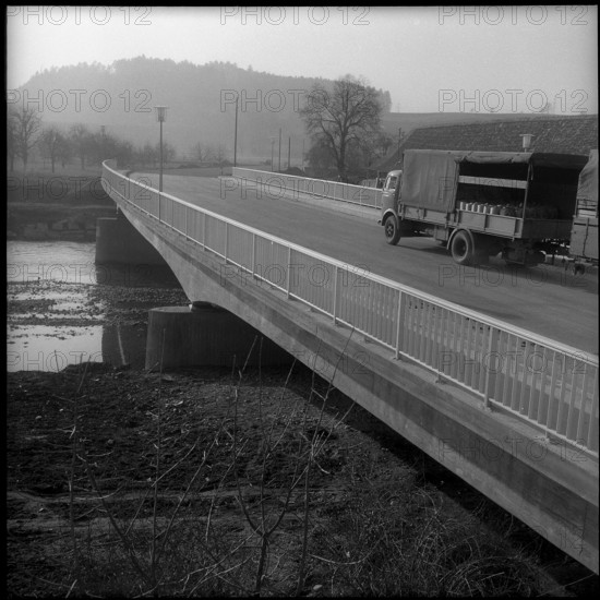 Gummenen, truck crossing new built bridge; 1959.