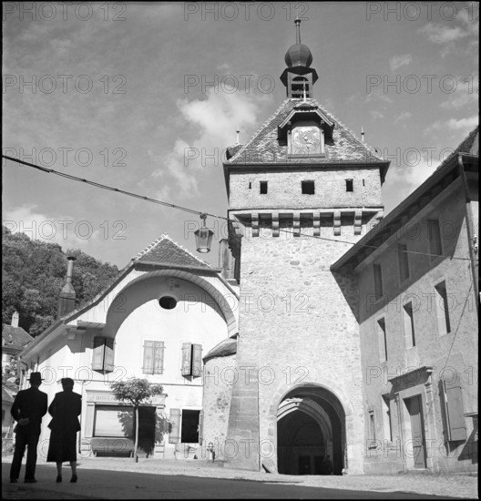 Clock tower of the monastery church of Romainmotier 1952.