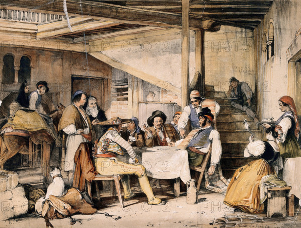 The interior of a posada with men smoking and playing cards