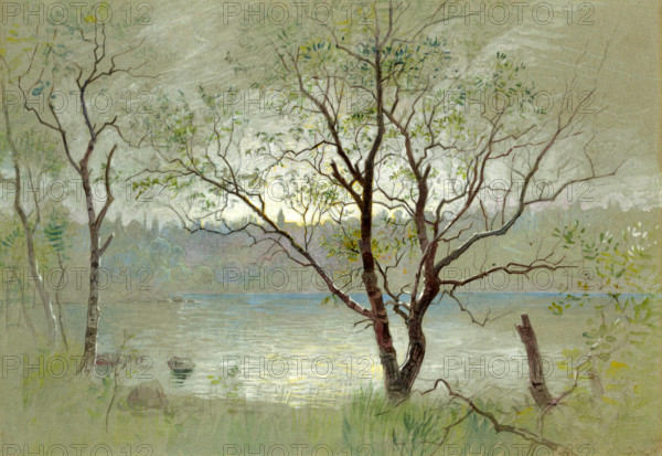 Two trees in the foreground frame the composition. Water in the middle ground