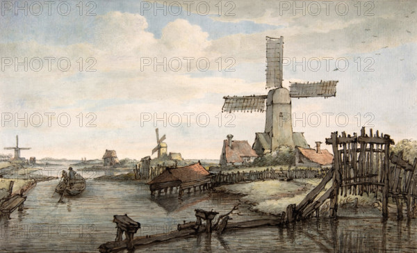 View of a canal with three windmills