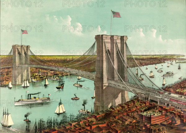 The large suspension bridge over the East River connects the cities of New York and Brooklyn. View from New York