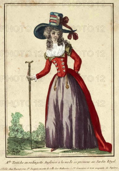 Woman in a fashionable English Rodingotte strolling through the Jardin Royal