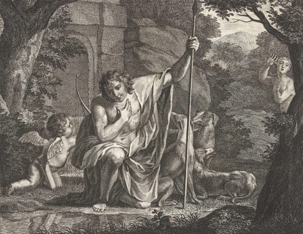 Narcissus contemplates his reflection in the water