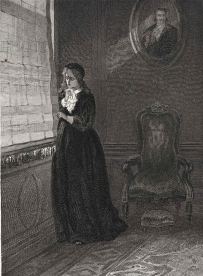 Weeping woman looking through a gap in the curtain