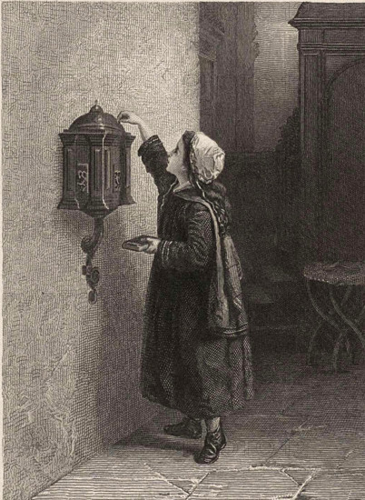 Girl putting money into the collection box in a church