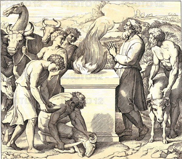 Noah burns sacrifices on an altar after the end of the Flood
