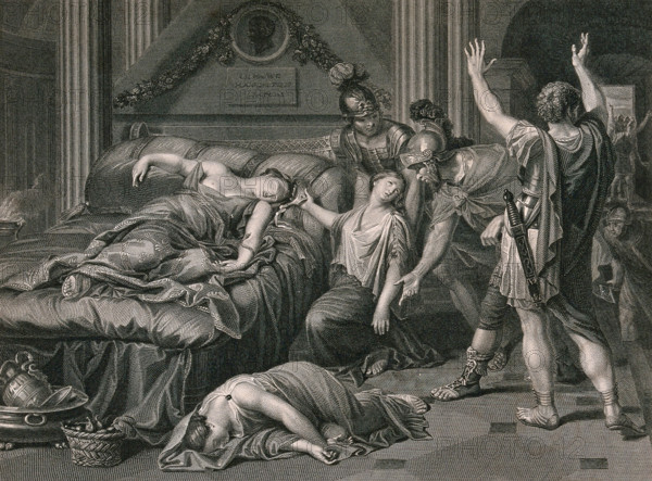 The suicide of Cleopatra: Roman soldiers discover Cleopatra lying dead on her bed with a snake in her left hand