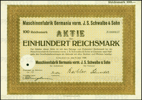 Share of 100 Reichsmarks of the Maschinenfabrik Germania