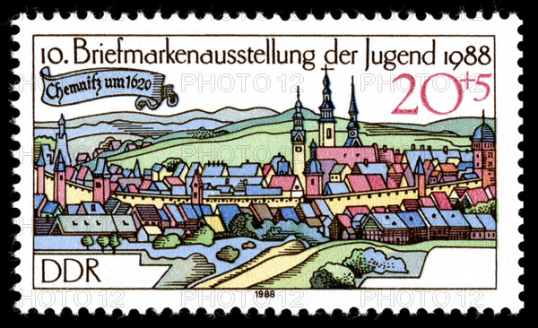 GDR stamp depicting Chemnitz around 1620 on the occasion of the 10th Youth Stamp Exhibition 1988