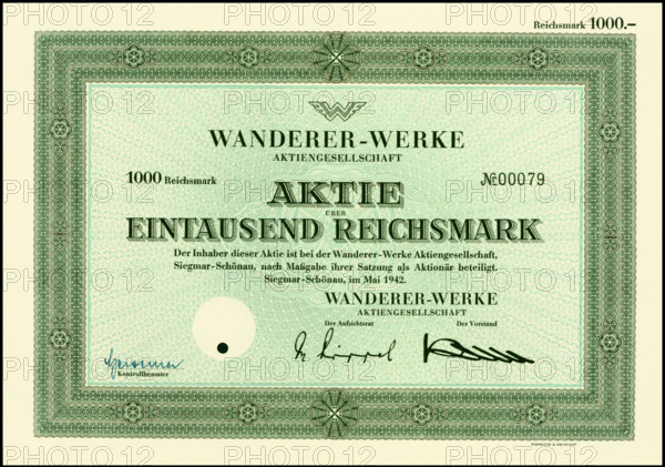 Share valued at 1,000 Reichsmarks of the Wanderer-Werke company in Chemnitz