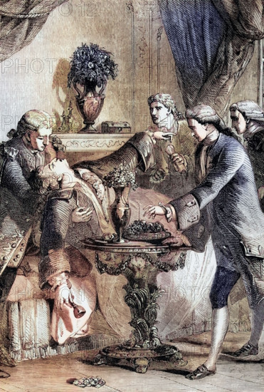 The Death of Honor Gabriel Riqueti. Comte De Mirabeau. a French revolutionary. journalist and politician. died on April 2. 1791 in Paris. France from heart problems. digital reproduction of a historical original