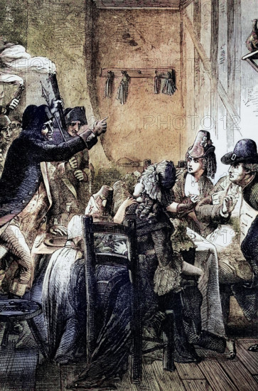 The arrest of King Louis XVI and his family on 3 December 1791 in Varennes in the Meuse department of Lorraine in northeastern France. after it had been decided to try them for high treason. digital reproduction of a historical original