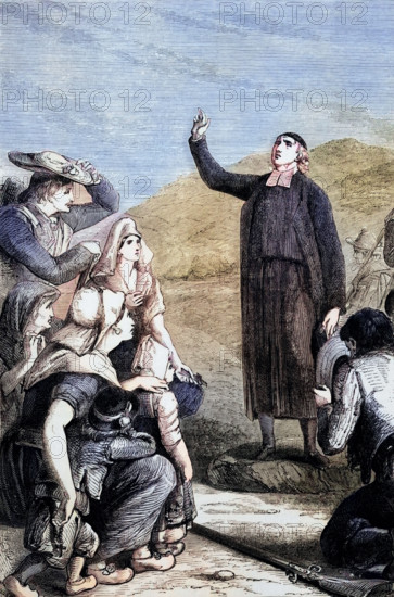 An exiled priest teaches in fields in the Gironde. part of the Aquitaine region in southwest France. after the de-Christianization of France during the French Revolution in 1789. digital reproduction of a historical original