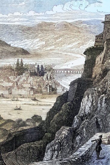 A view of Koblenz. a German city on both banks of the Rhine at its confluence with the Moselle. which became one of the most important meeting points for French emigrants. Germany. digital reproduction of a historical original