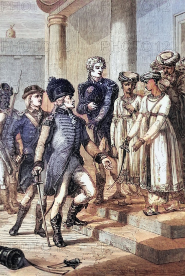 The siege of Seringapatam (Srirangapatna). a town in the Mandya district of the Indian state of Karnataka. in 1792 ended when Tipu Sultan agreed to the strict terms of the Treaty of Seringapatam. India. digital reproduction of a historical original