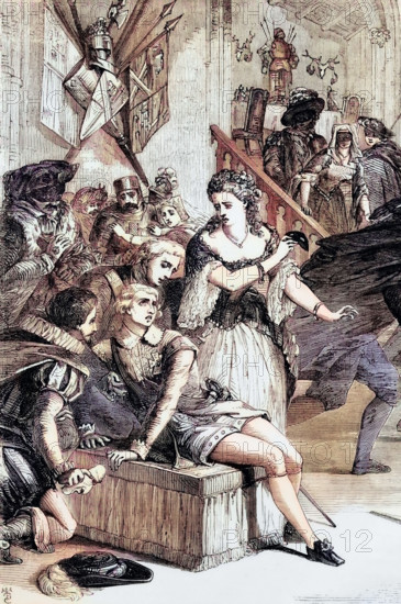 The assassination of Gustav III of Sweden during a masked ball took place on 16 March 1792 at midnight in the Royal Opera House in Stockholm. digital reproduction of a historical original