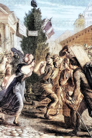 The sans-culottes. radical members of the lower class of the revolutionary army during the French Revolutionary Wars. dance the Carmagnole. the title of a French song that became popular during the French Revolution. and a wild dance. France. digital reproduction of a historical original