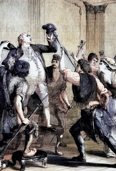 The people forced Louis XVI to wear the red cap in 1792. This immediately revealed the revolutionary zeal and plebeian solidarity of the Parisian sans-culottes. France. digital reproduction of a historical model.