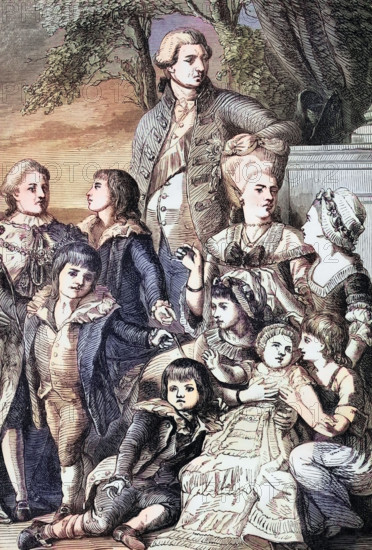 King George III and Queen Charlotte and their children in 1776. England. digital reproduction of a historical original