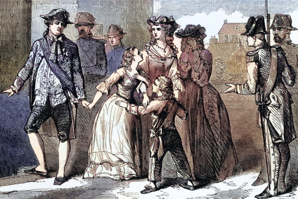 The French royal family in the Temple in 1792. The Temple was a medieval fortress in Paris and was located in what is now the 3rd arrondissement in France. digital reproduction of a historical model