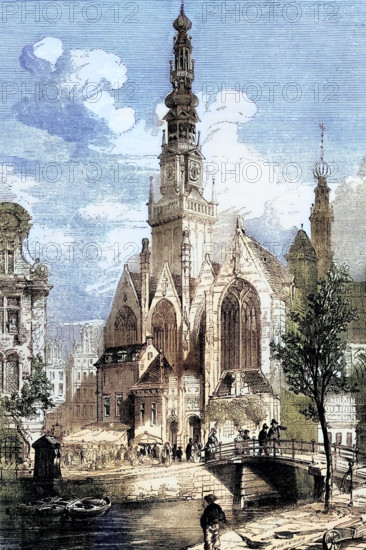 The Oude Kerk is Amsterdam's oldest building and oldest parish church. It was consecrated in 1306 by the Bishop of Utrecht with Saint Nicholas as its patron saint and became a Calvinist church after the Reformation in 1578. Here. around 1820. a digital reproduction of a historical model.
