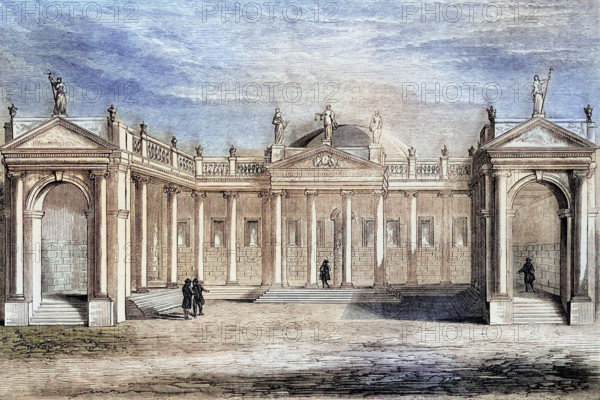 The Irish Parliament Building was the world's first purpose-built bicameral parliament building. It served as the seat of both houses of the Irish Parliament for most of the 18th century until it was abolished by the Act of Union of 1800. when Ireland became part of the United Kingdom. Digital reproduction of a historical original.
