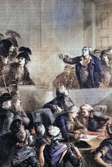 Georges Jacques Danton. a leading figure in the early stages of the French Revolution. defends himself before the tribunal against various (political) accusations related to his actions. France. digital reproduction of a historical original