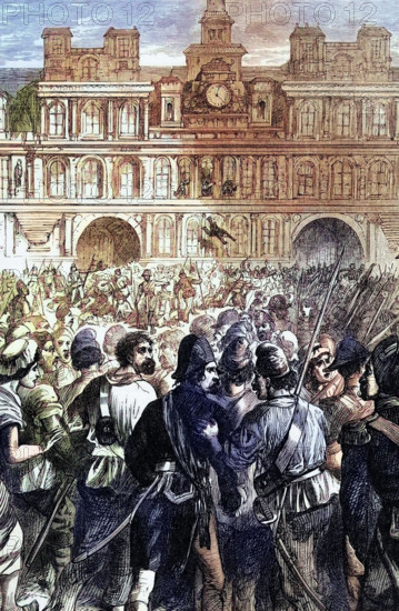 An attack on the Hôtel de Ville by Convention troops under Paul Barras. Part of the Thermidor Reaction. a revolt during the French Revolution against the excesses of the Reign of Terror in July 1794. France. Digital reproduction of a historical original.
