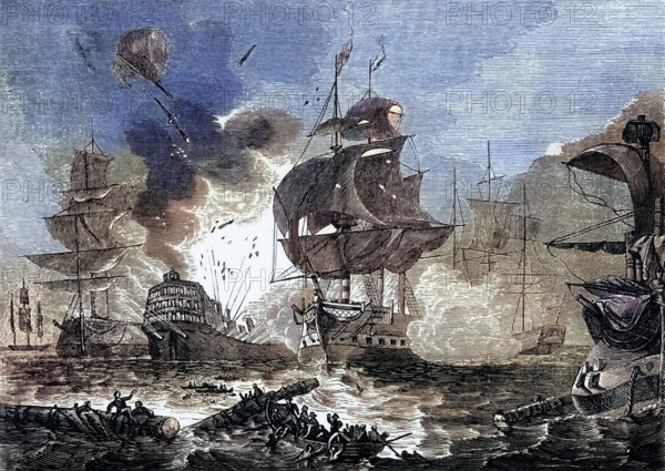 The Battle of the Nile. a major naval battle between the British and French fleets in the Bay of Abu Dhabi on the Mediterranean coast of Egypt from 1 to 3 August 1798. digital reproduction of a historical original