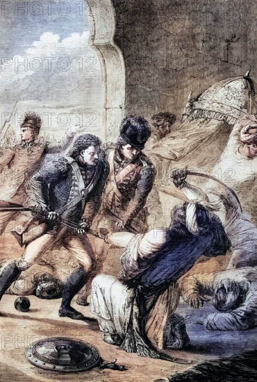 The Siege of Seringapatam (5 April – 4 May 1799). in which Tippu Sultan. the ruler of Mysore. was killed and the British won a decisive victory. It was the final confrontation in the Fourth Anglo-Mysore War between the British East India Company and the Kingdom of Mysore. India. Digital reproduction of a historical original.