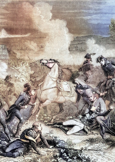 The death of General Louis Charles Antoine Desaix (1768 to 1800). a French general and military leader. during the Battle of Marengo on 14 June 1800 between French forces under Napoleon Bonaparte and Austrian forces near the city of Alessandria in Piedmont. Italy. digital reproduction of a historical original