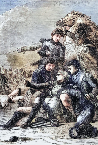 The death of General Sir Ralph Abercrombie near the ruins of Nicopolis during the Battle of Alexandria on 21 March 1801 between the French army under General Menou and the British Expeditionary Force. digital reproduction of a historical original