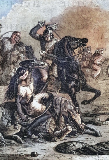 The Battle of Assaye was a significant battle in the Second Maratha War between the Maratha Confederacy and the British East India Company. It took place on 23 September 1803 near Assaye in western India. India. Digital reproduction of a historical original.