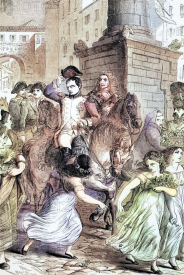 Napoleon I entering Milan when he was crowned in the cathedral on 26 May 1805. thus becoming King of the newly founded Kingdom of Italy. digital reproduction of a historical original