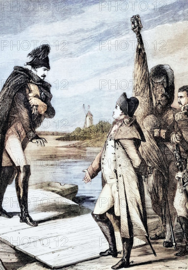 Napoleon I of France and Tsar Alexander I of Russia meet on July 7. 1807. on a raft in the middle of the Neman River in Kaliningrad Oblast. Russia. to sign the first Treaty of Tilsit. digital reproduction of a historical original