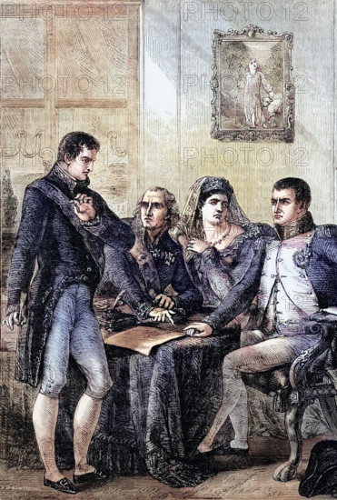 Ferdinand VII of Spain abdicated his crown to Emperor Napoleon on May 6. 1808. Napoleon subsequently kept Ferdinand under guard for six years at the Château de Valencay in France. digital reproduction of a historical original.