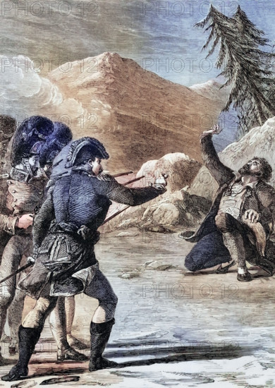 The execution of Andreas Hofer. an innkeeper turned politician who fought for Austria against the French during the War of the Third Coalition. He later became the leader of an uprising against the Franco-Bavarian forces that triggered the War of the Fifth Coalition. Digital reproduction of a historical original.