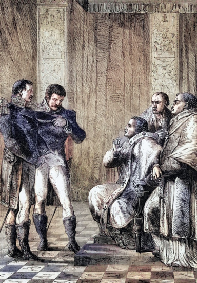 The arrest of Pope Pius VII after the occupation and annexation of the Papal States by France in 1809. after which he was exiled to Savona in northern Italy. digital reproduction of a historical original