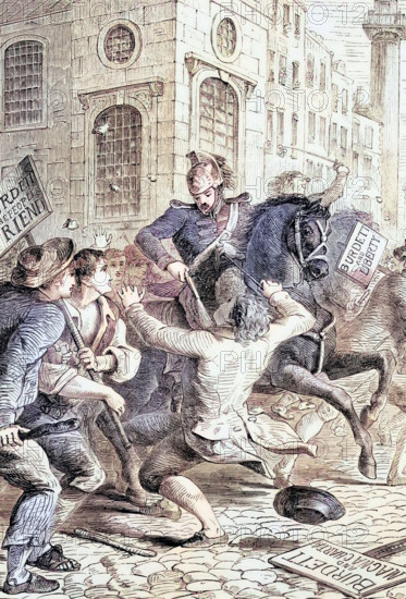 Riots following the arrest of Francis Burdett in 1810 for breach of parliamentary immunity. when he was ordered to be imprisoned in the Tower of London until the end of the parliamentary session. England. digital reproduction of a historical original